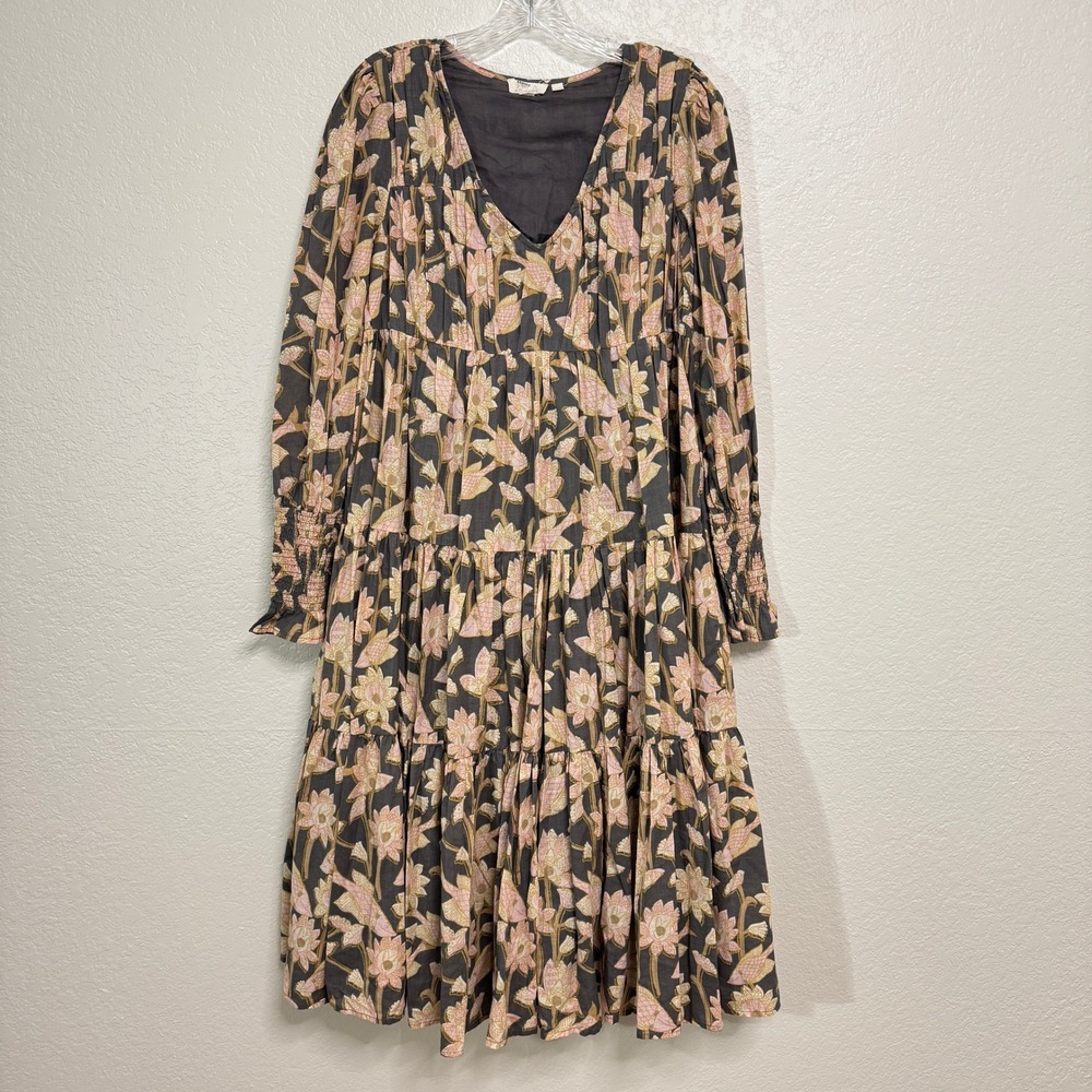 Let Me Be Anthropologie Dress Womens XS Gray‎ Floral Cotton Tiered Midi Boho